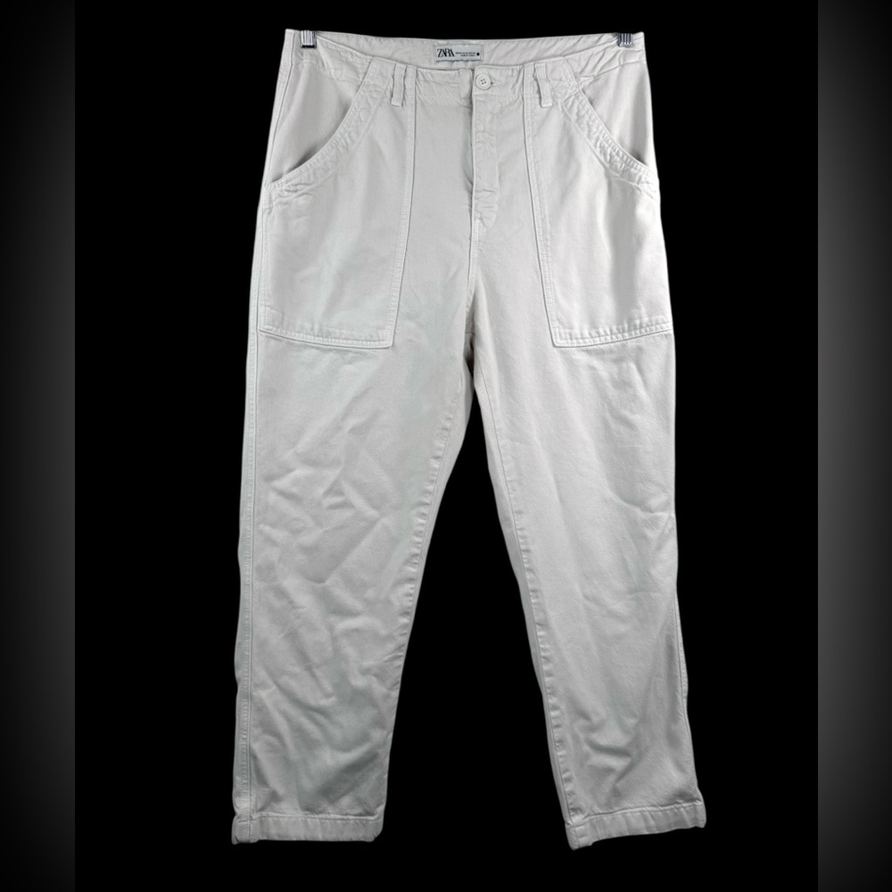 Zara High Rise Utility Patch Pocket Straight Leg Pants relaxed boho tan sz 12